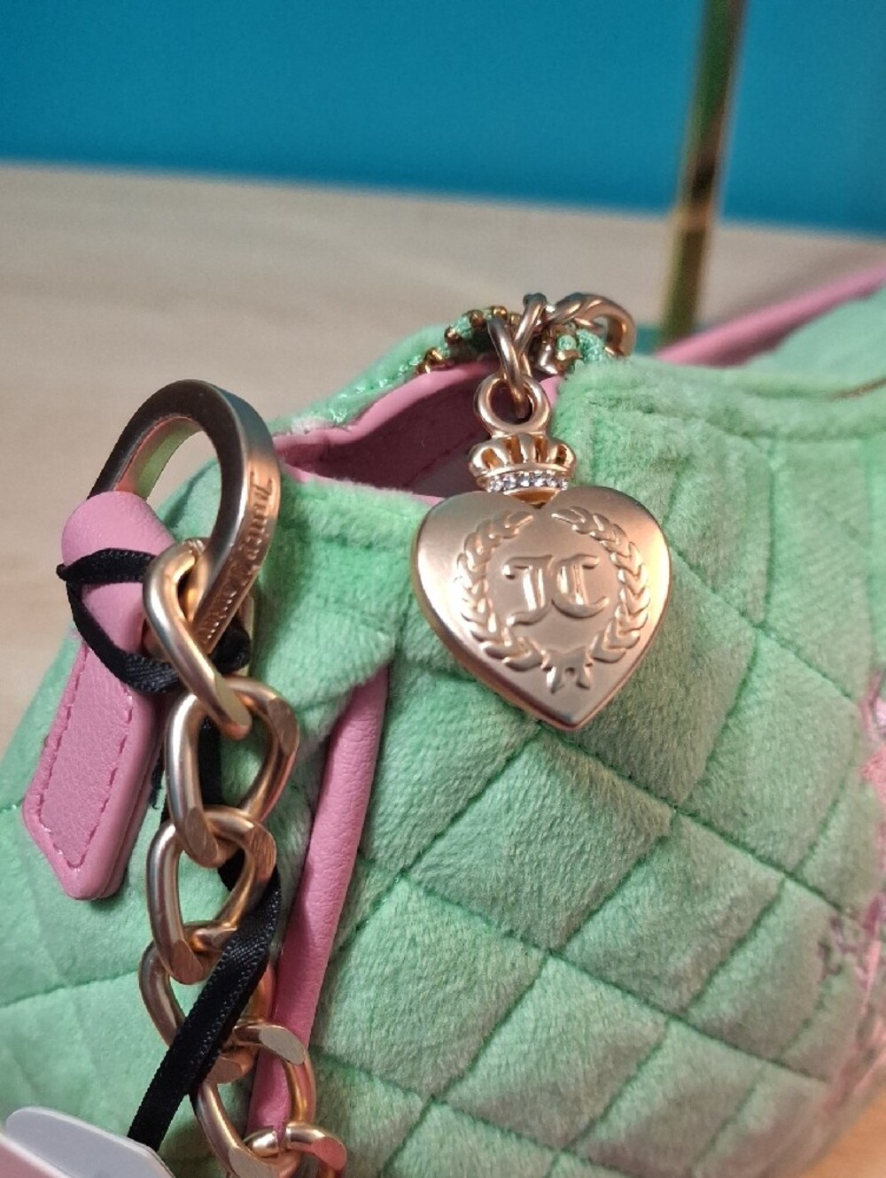 Juicy Couture TALE Retro Green Quilted Shoulder Bag with Pink Trim Y2K Nwt - Picture 9 of 10